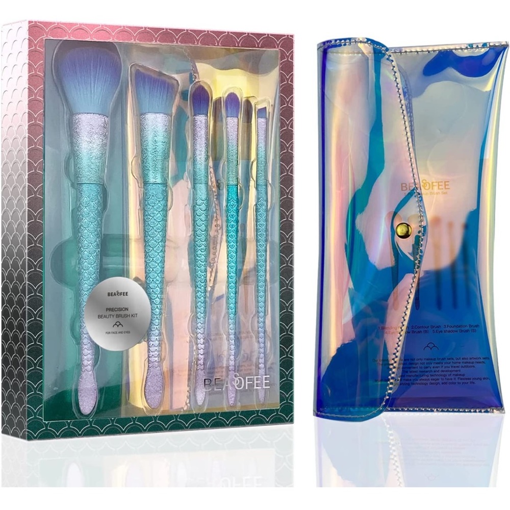 Mermaid Kabuki Makeup Brushes, 5 piece Set with Matching Holographic Case NEW